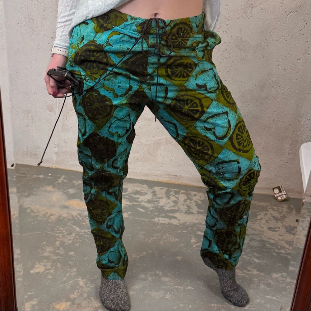 Handmade Casual Relaxed Teal and Black Abstract Print Drawstring Pants Boho